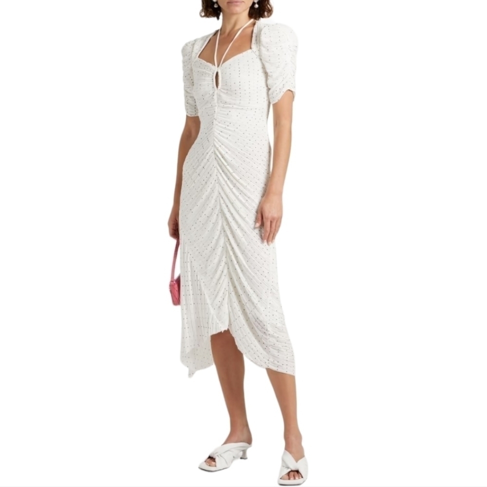 FRAME Ruched Tie-Neck Polka-Dot Midi Dress, White | Black, Medium, NWT